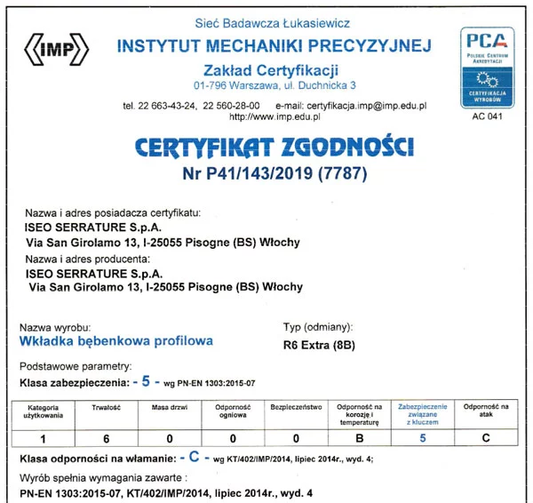 Wkładka bębenkowa R6 Extra - certyfikat